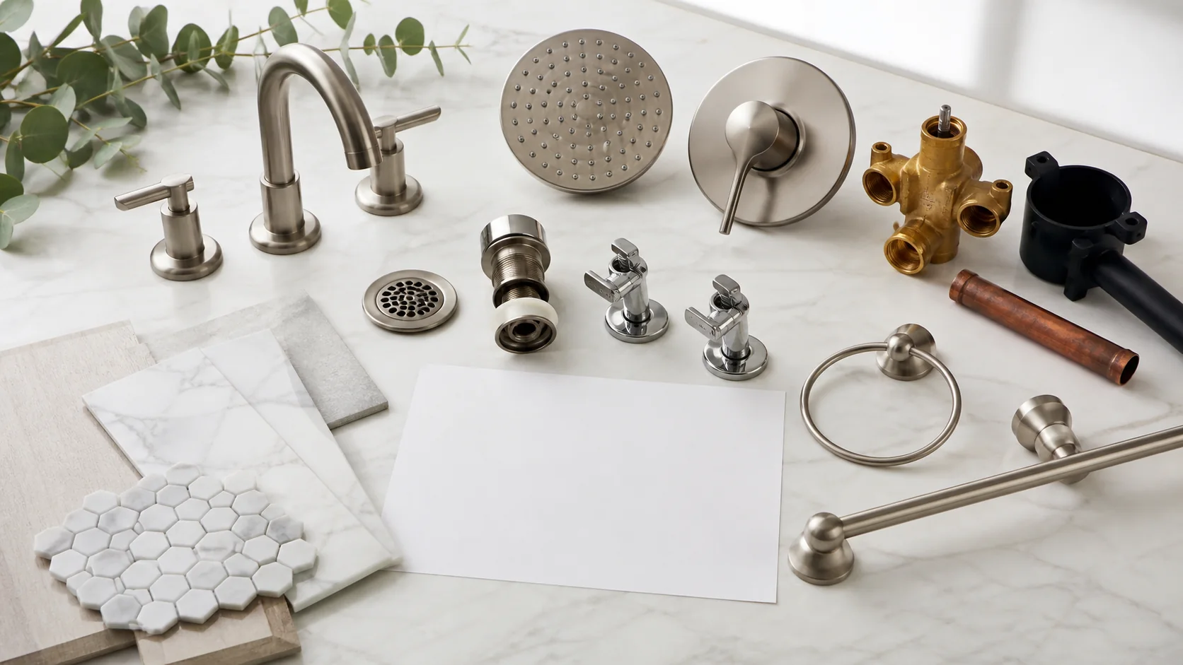 Bathroom remodel fixture checklist arranged beside a plumbing floor plan