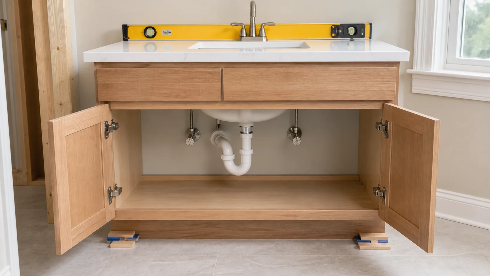 Bathroom vanity installation sequence showing wall blocking, leveled cabinet, countertop, sink, and plumbing