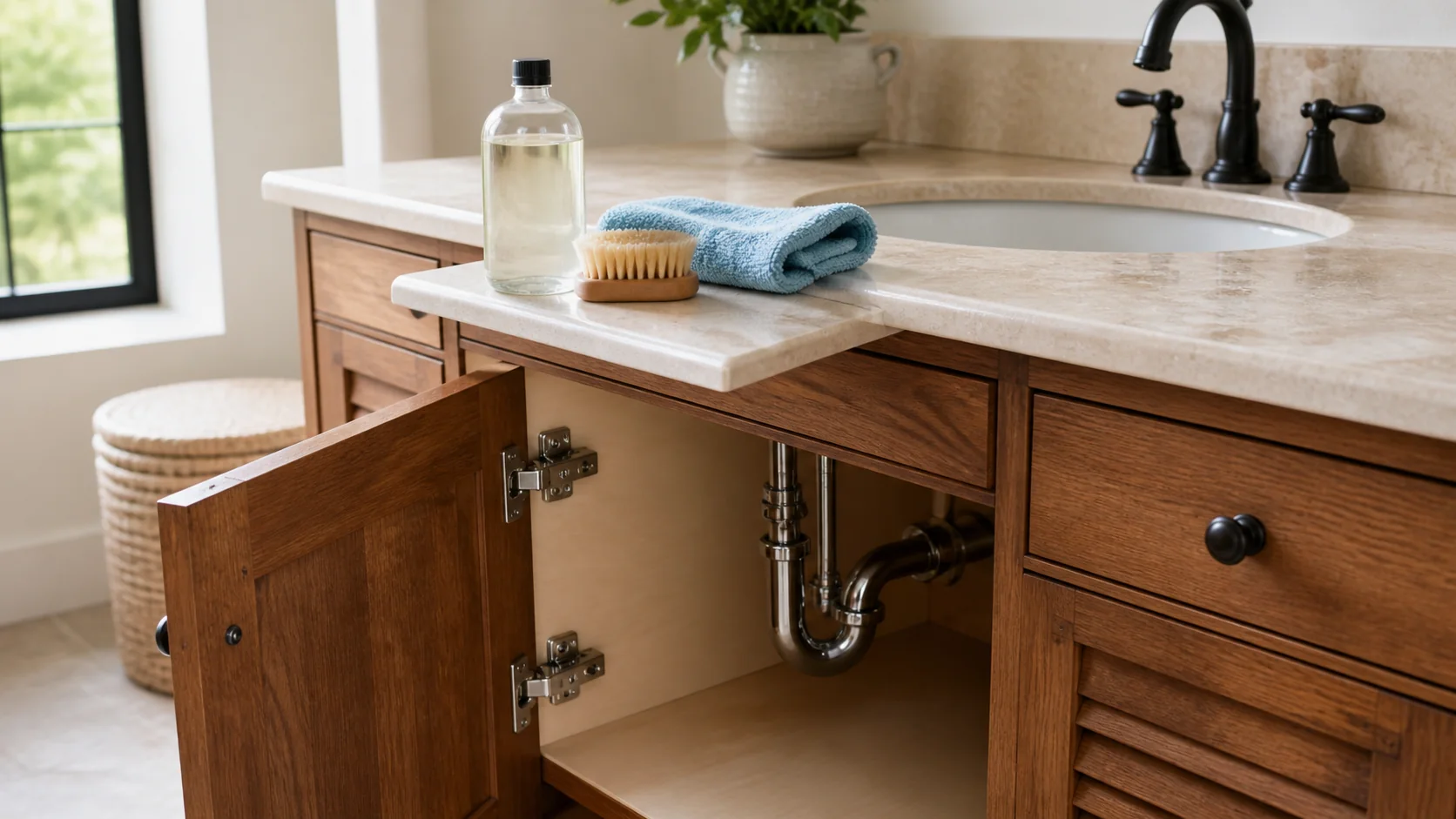 Bathroom vanity maintenance map identifying cabinet finish, countertop, sink, faucet, hardware, and caulk joints