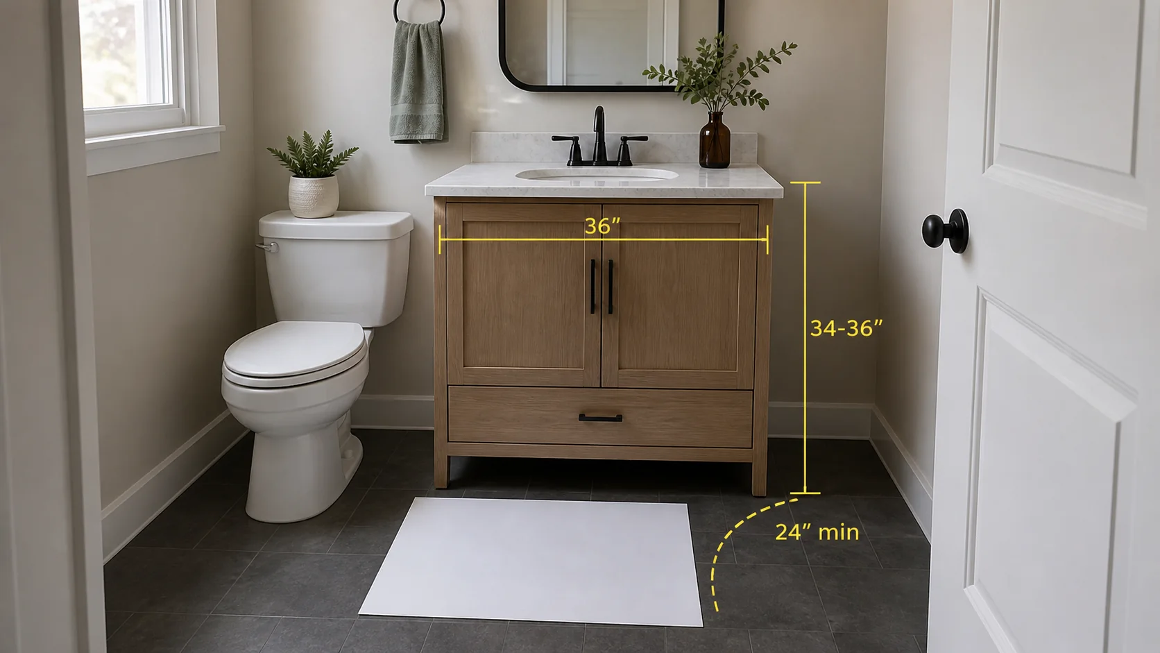 Bathroom vanity dimensions showing width height door swing and sink clearance
