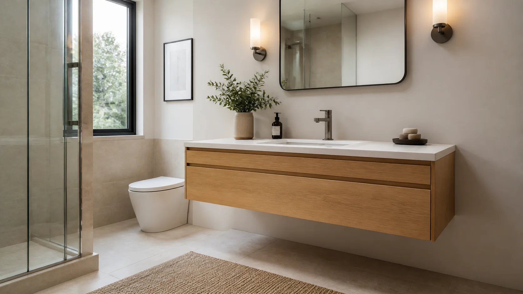 Floating bathroom vanity mounting rail aligned with wall blocking and plumbing rough-in