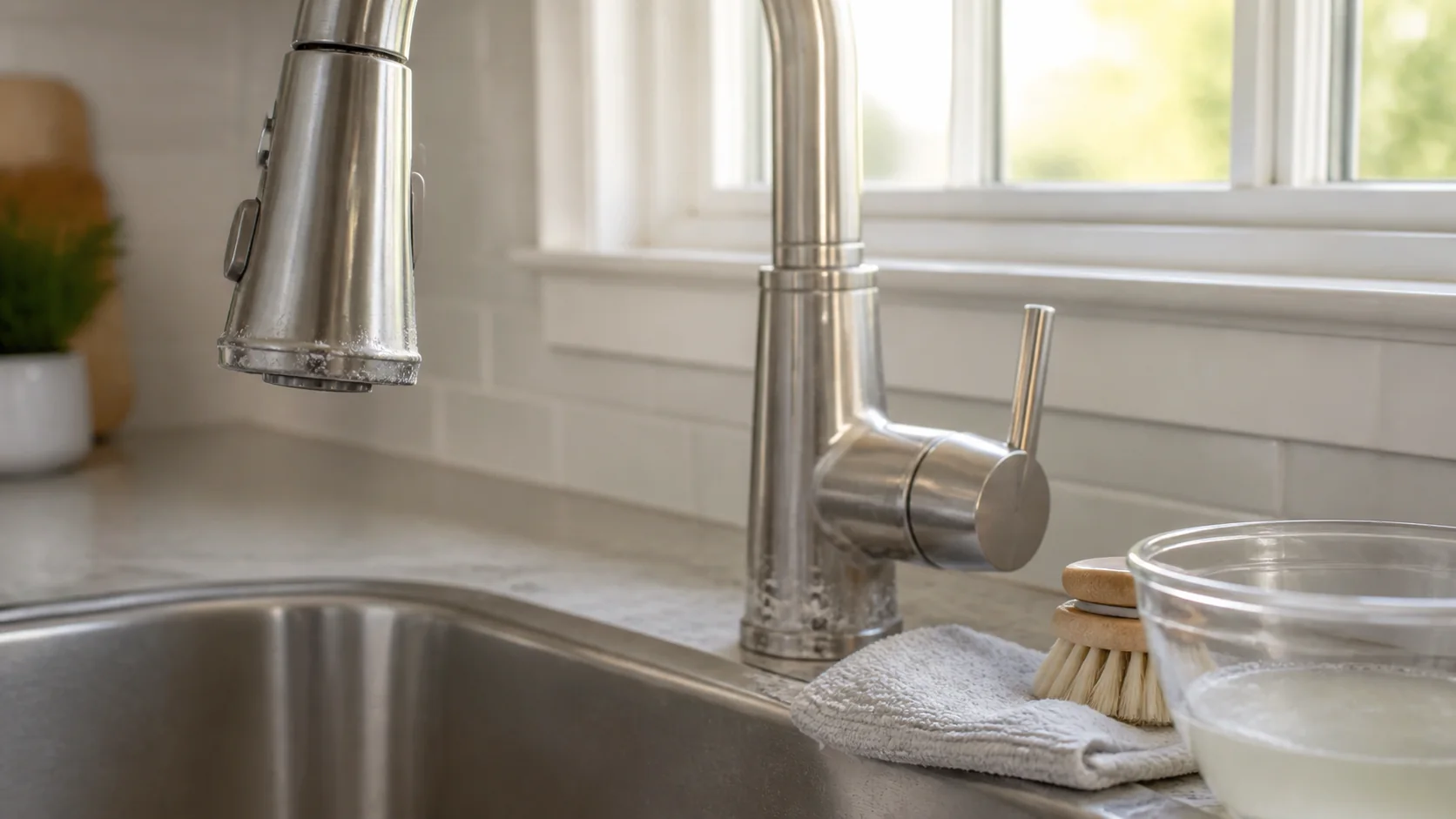 Kitchen faucet spray head aerator cartridge and finish samples prepared for hard-water maintenance