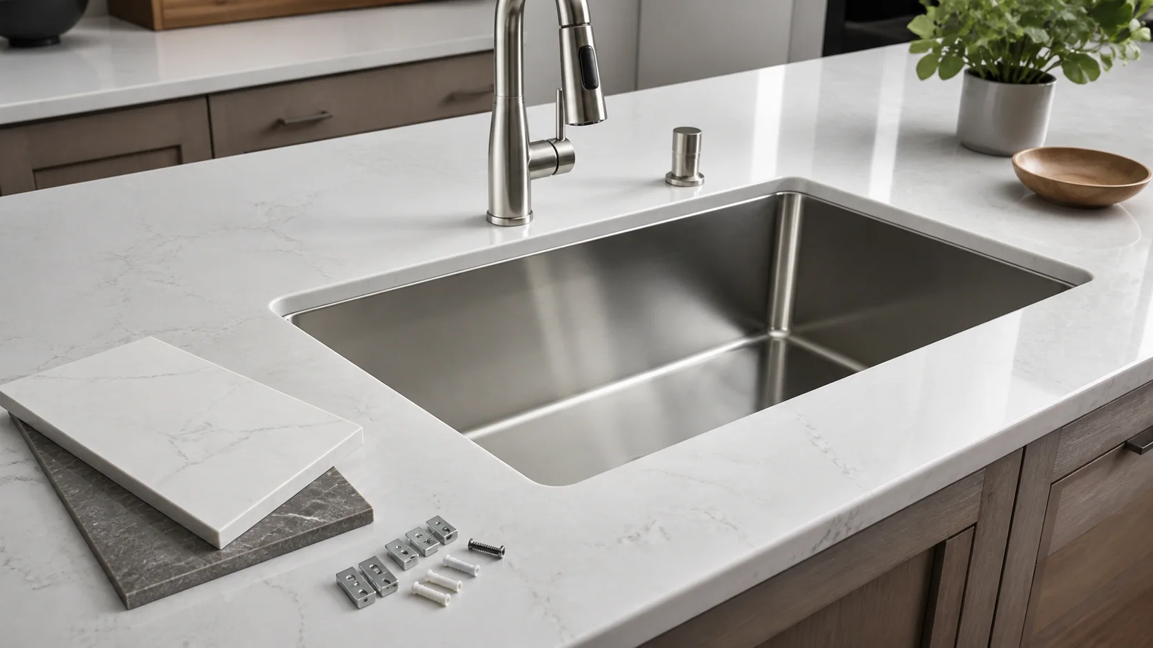Undermount kitchen sink supported below a quartz countertop cutout with rails and clips visible
