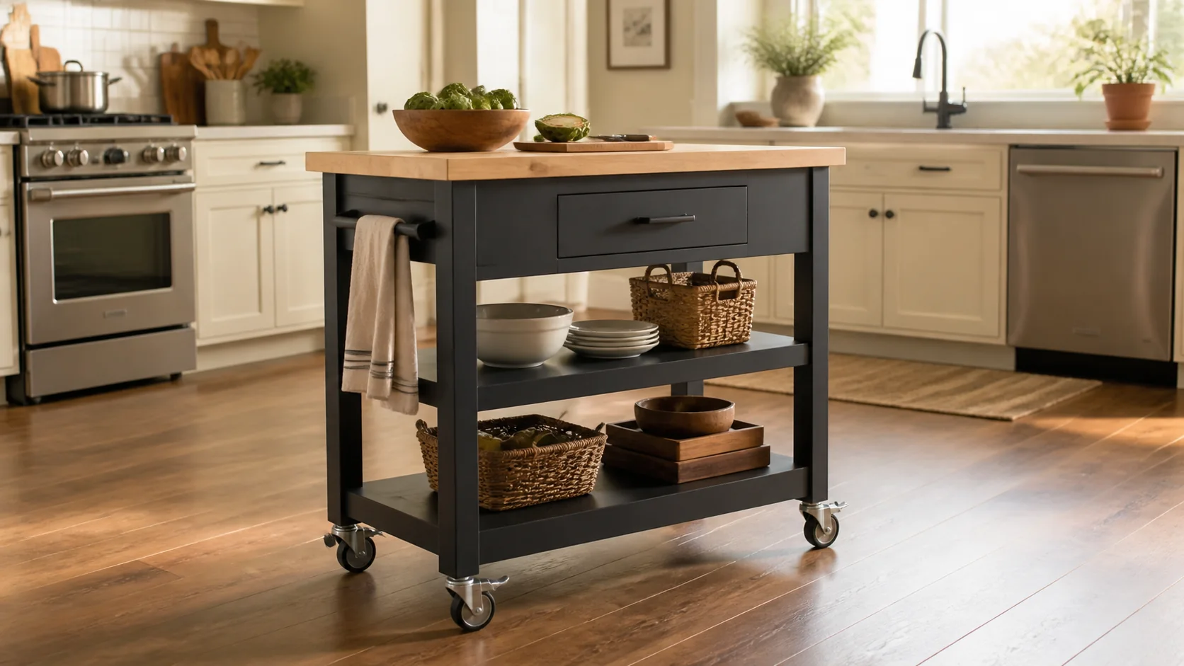 Rolling kitchen island with locked casters fold-down leaf and doorway clearance marked