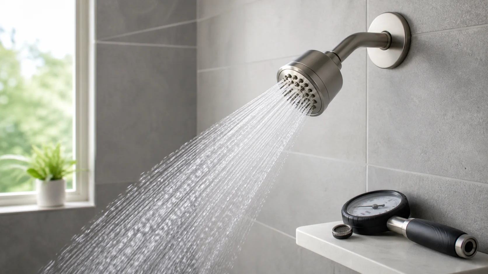 Pressure gauge graduated bucket and three shower spray patterns used for low-pressure diagnosis