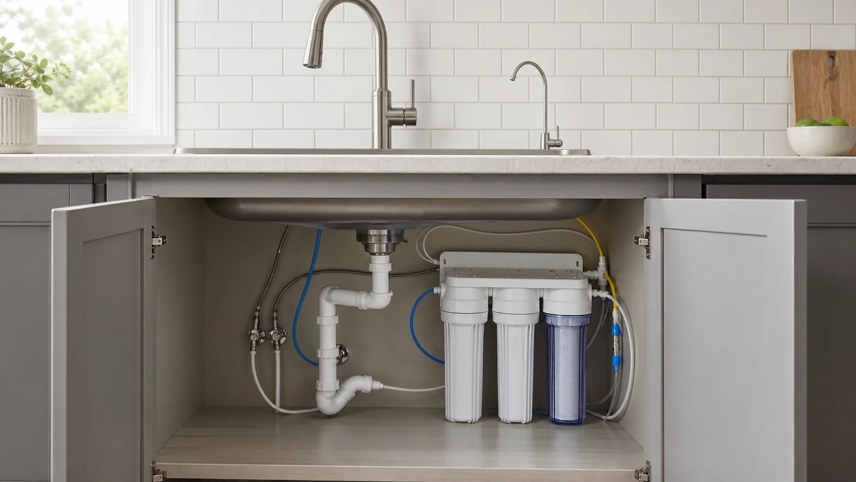 Three under-sink water filter layouts with certification sheets cartridges faucet and plumbing marked