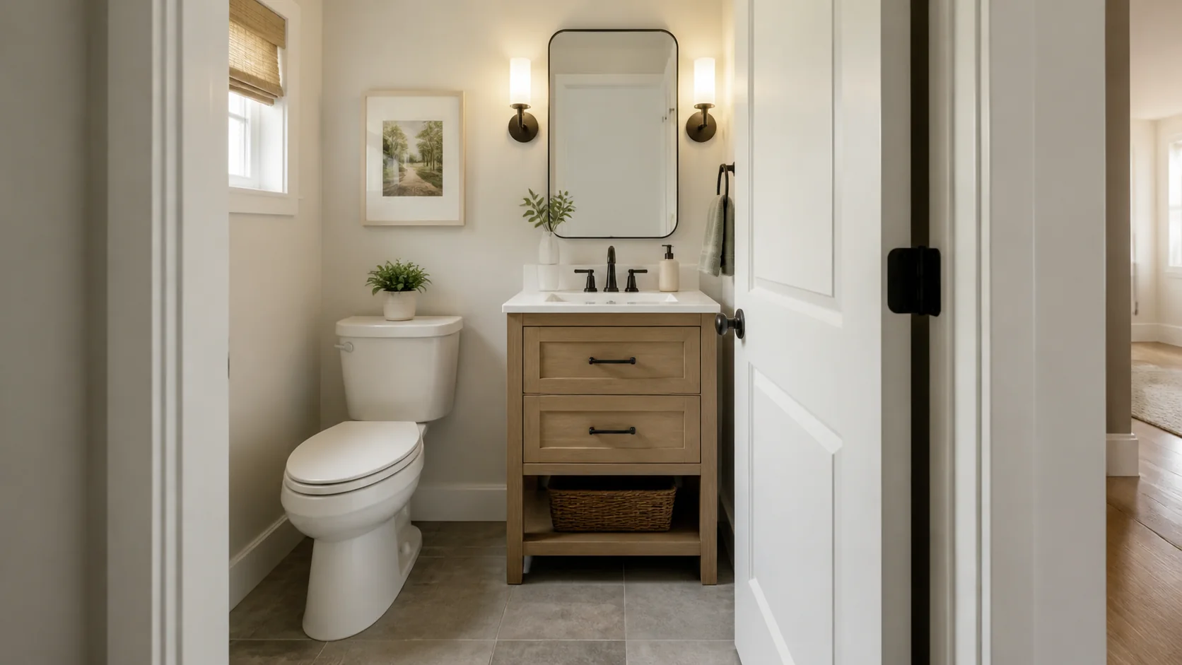Compact bathroom vanity footprint taped on a small bathroom floor with door swing and plumbing marked
