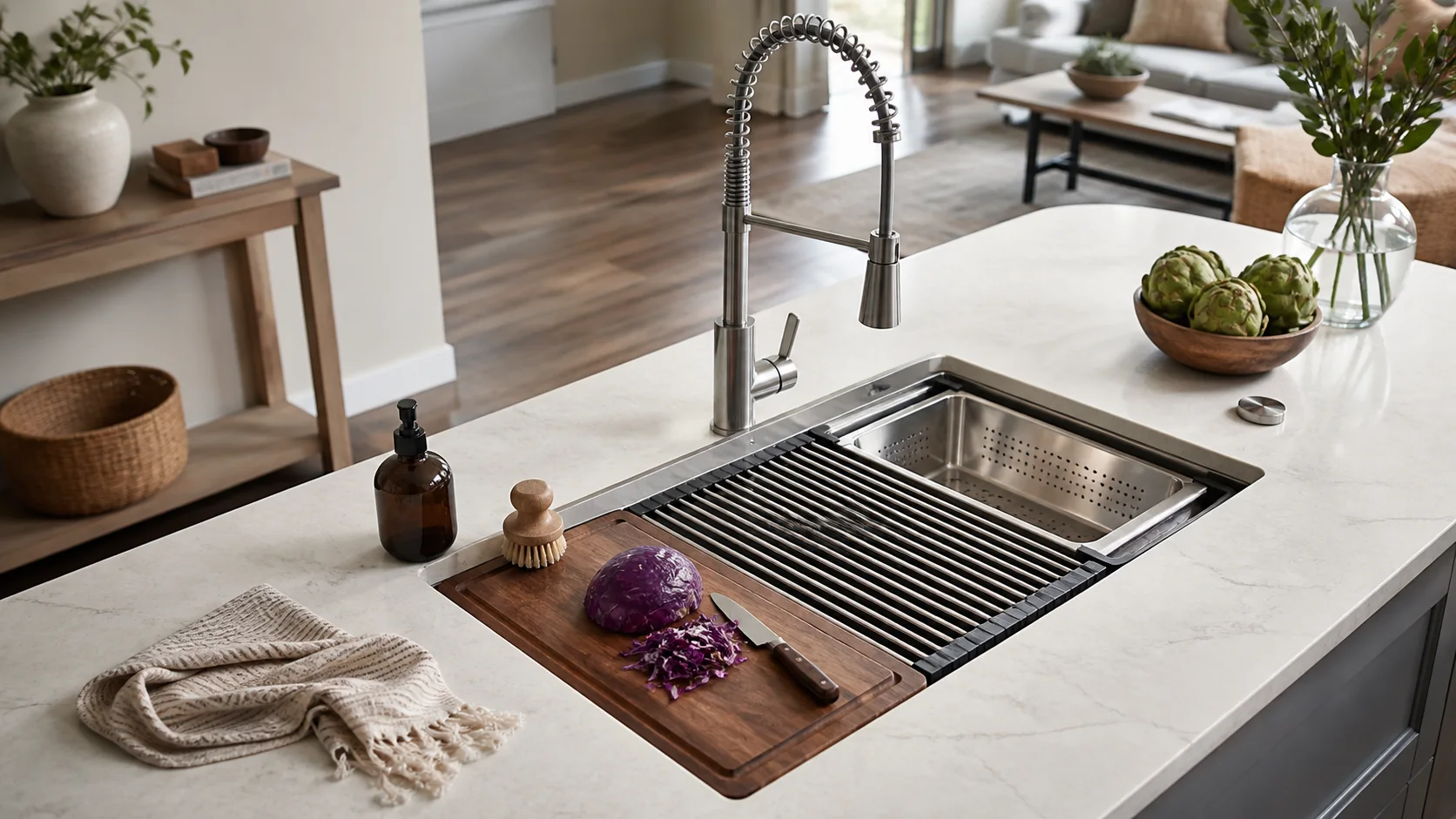 Workstation sink with cutting board colander and drying rack on integrated ledges