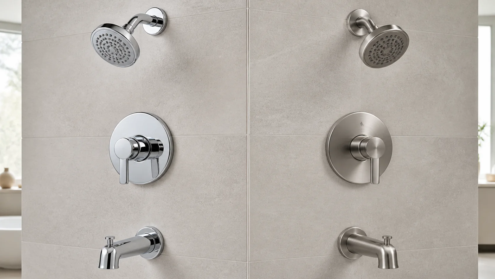 Chrome and brushed nickel bathroom fixtures under neutral lighting