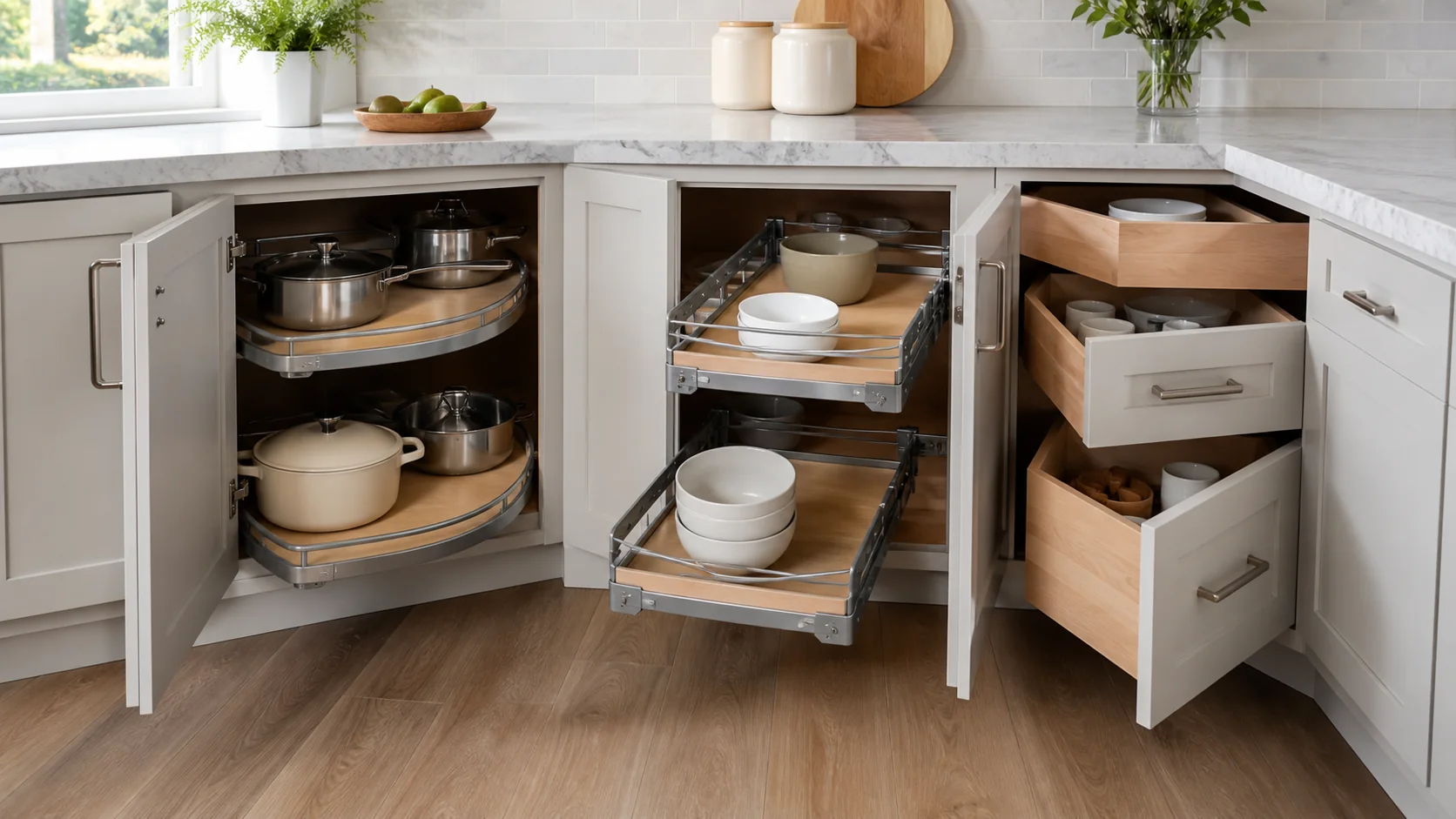 Cutaway kitchen corner showing a lazy Susan pull-out shelves and corner drawers