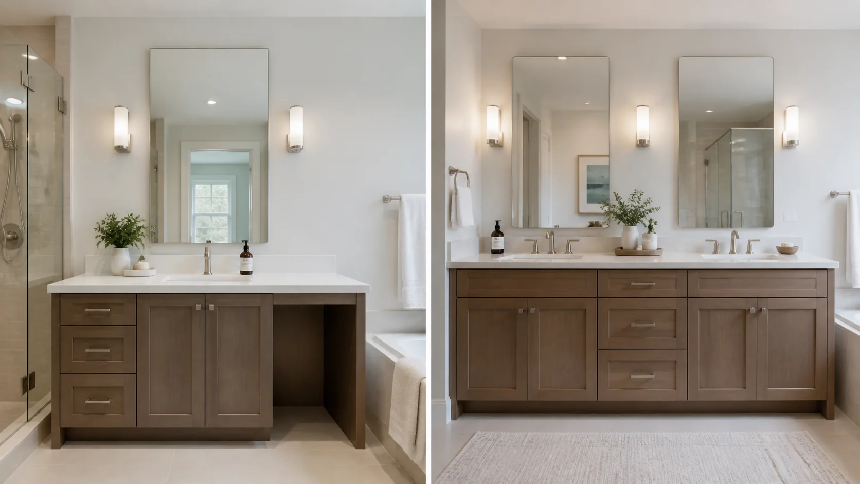 Measured single and double vanity layouts on a bathroom floor plan