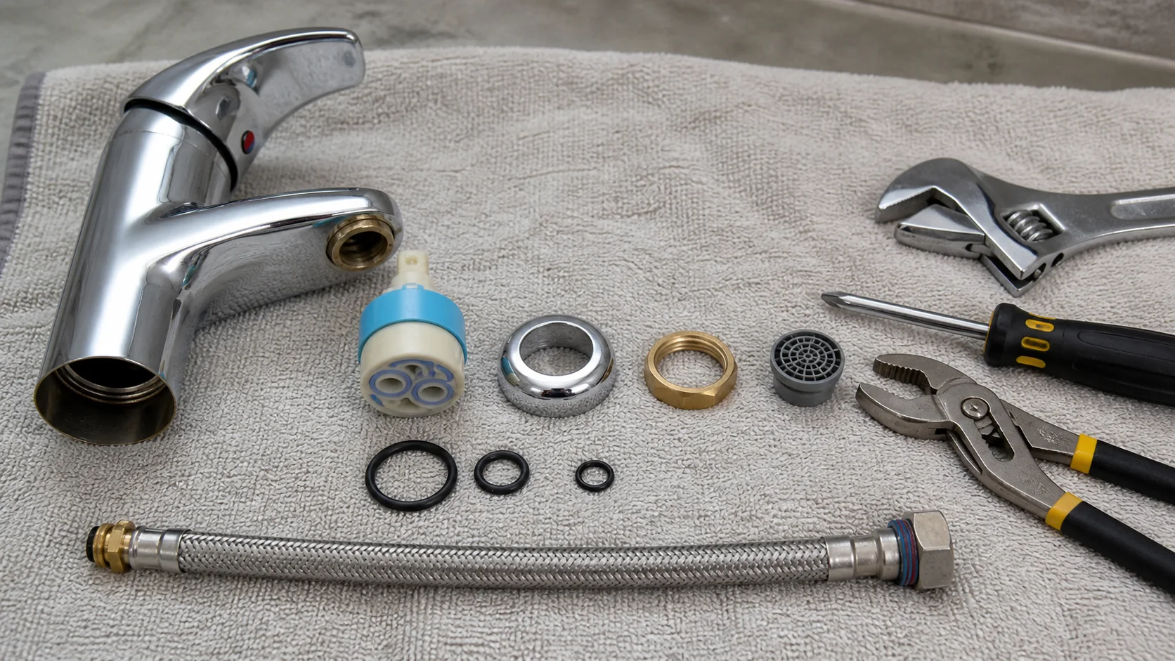 Exploded faucet diagram identifying cartridge O-rings aerator and supply connections