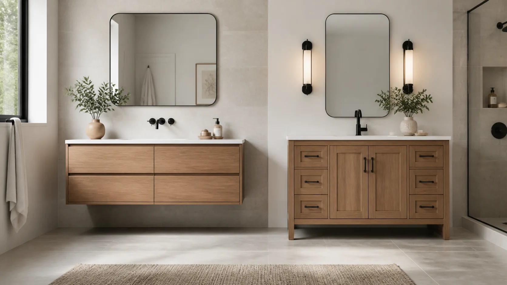Floating and freestanding bathroom vanities compared by wall floor plumbing and storage