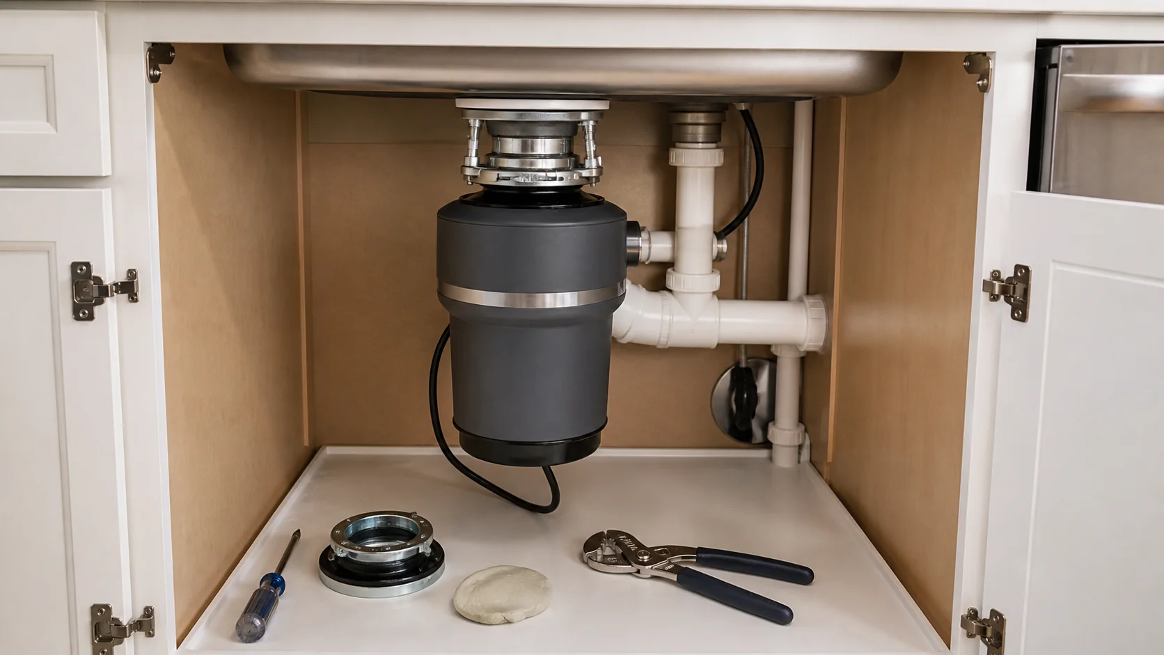 Labeled garbage disposal installation showing sink flange, mounting ring, dishwasher inlet, discharge tube, and power connection