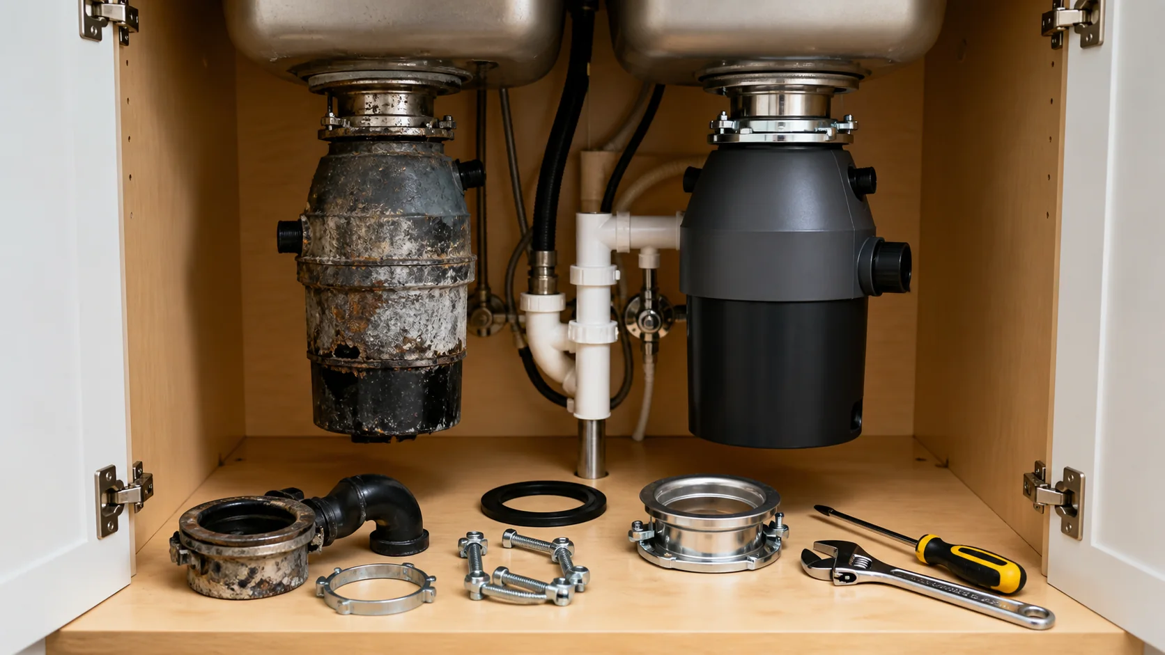 Garbage disposal budget map showing motor mount power drain and dishwasher connection