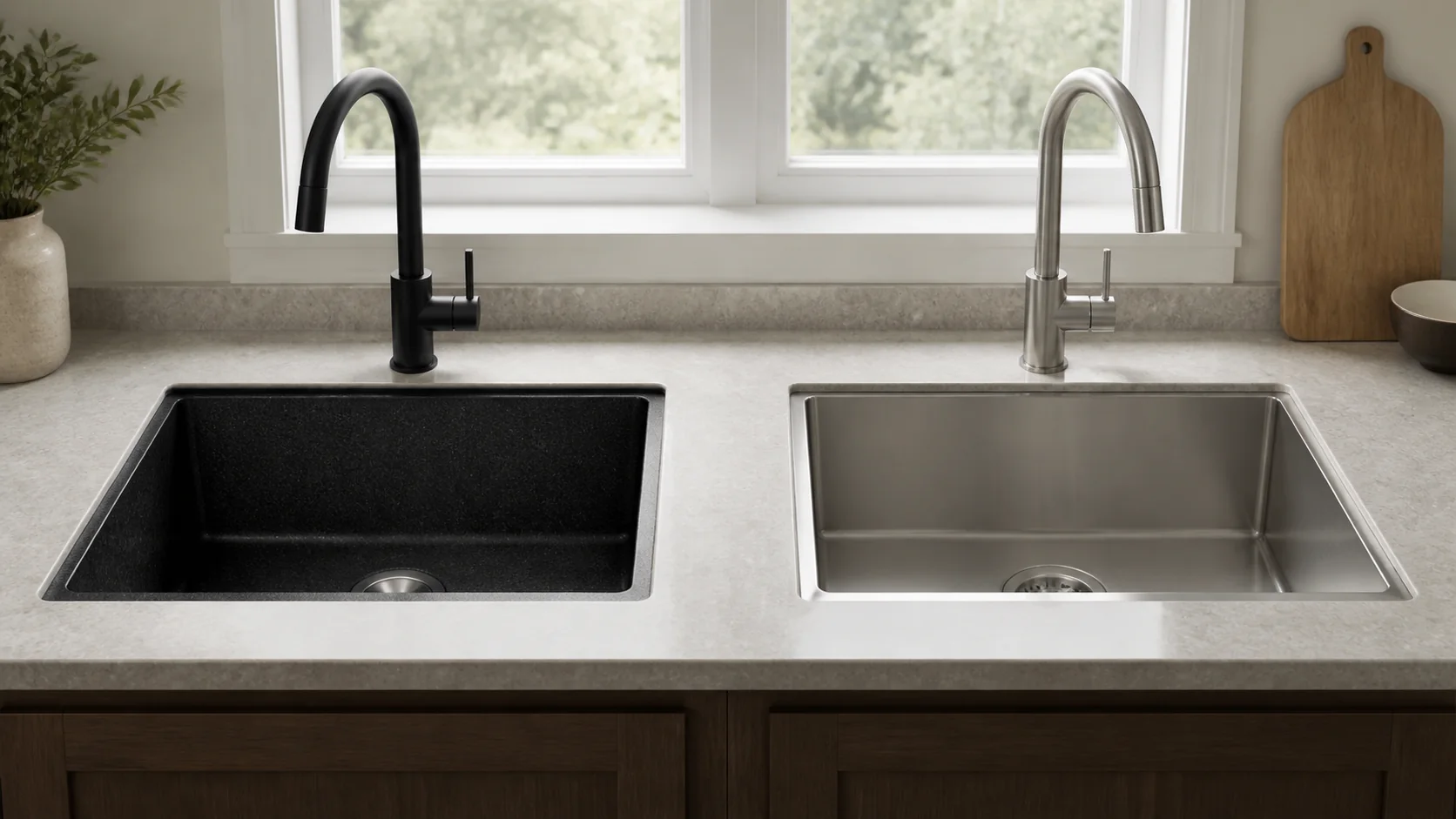 Material cross-section comparing a colored granite composite kitchen sink with a brushed stainless steel sink