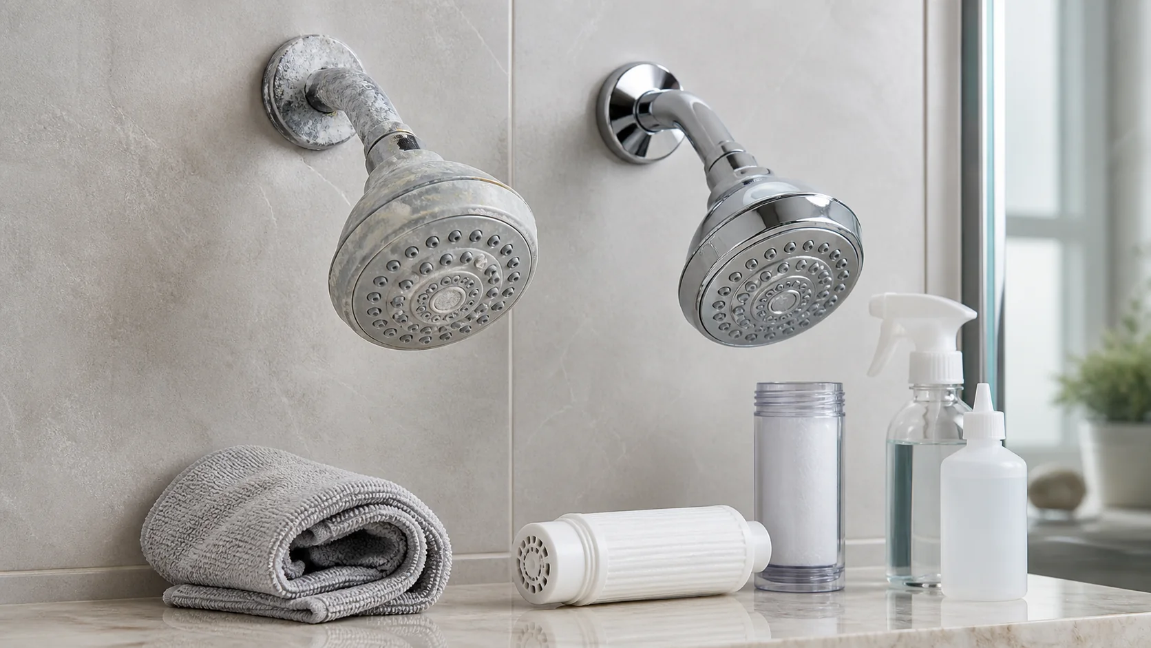 Shower scale diagnosis with mineral deposits, test results, and treatment options