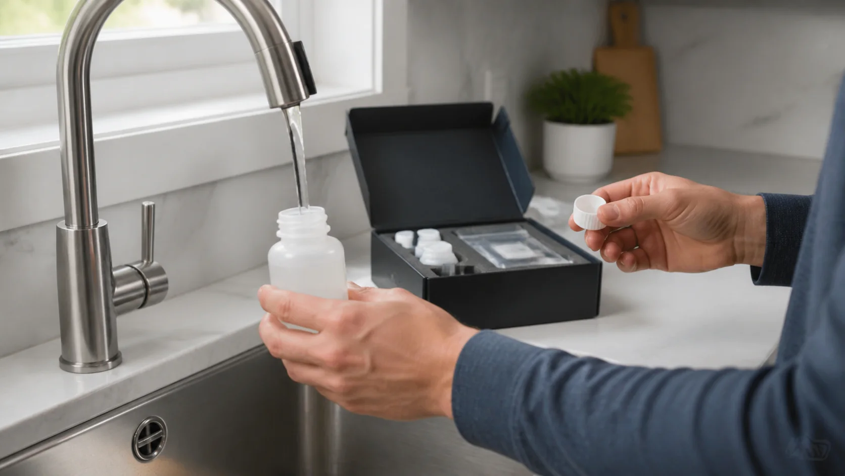Homeowner collecting a kitchen tap water sample into a certified laboratory bottle