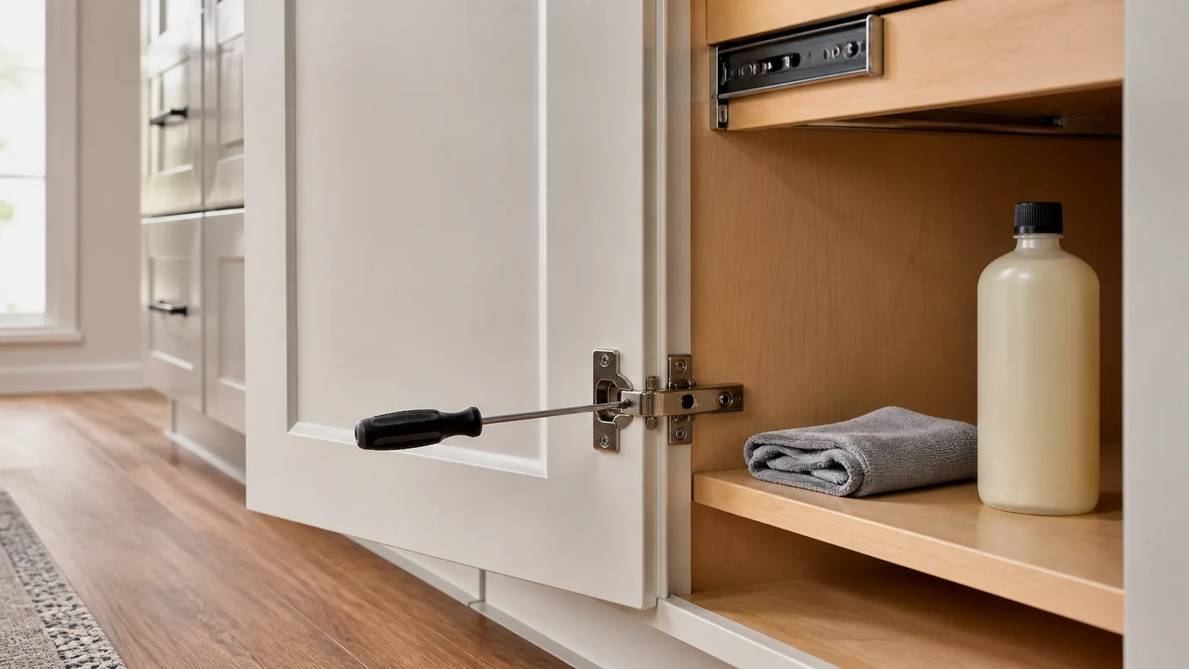 Kitchen cabinet maintenance zones for painted wood, stained wood, laminate, thermofoil, hinges, and drawer slides