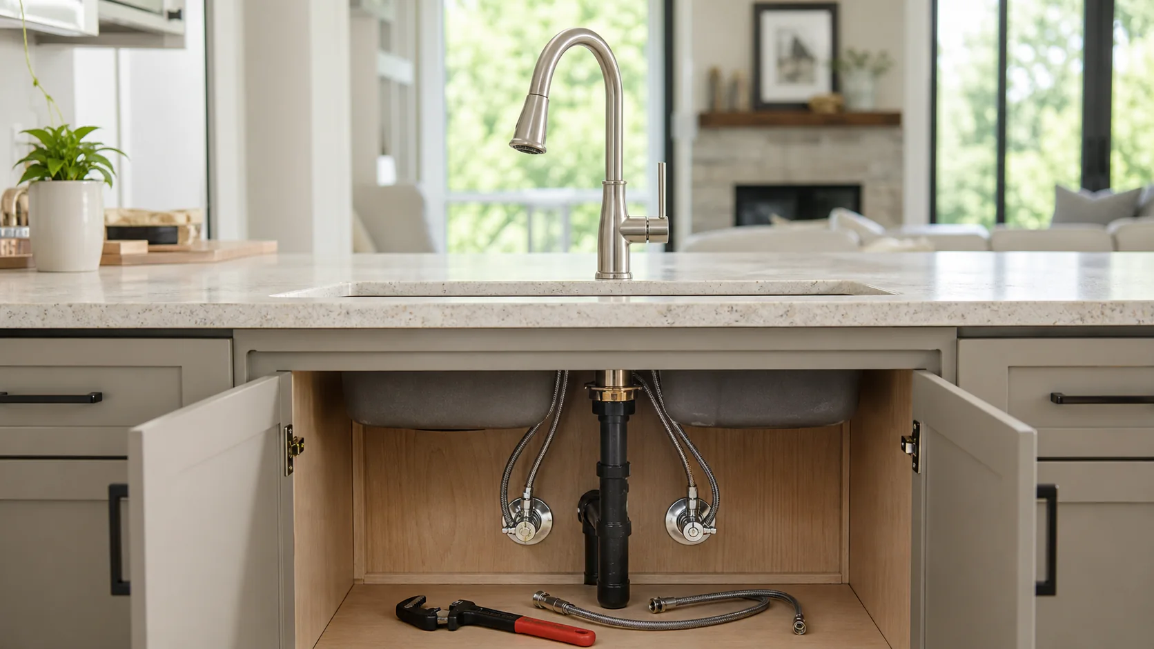 Kitchen faucet installation tools supply lines mounting hardware and basin wrench beside an open sink cabinet