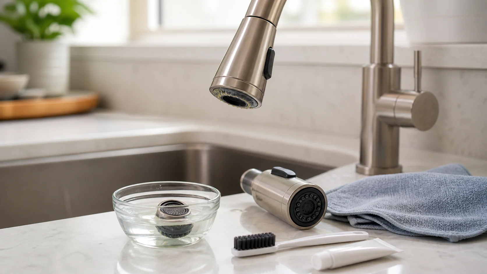 Kitchen faucet maintenance kit with soft cloth aerator key flashlight batteries and inspection calendar