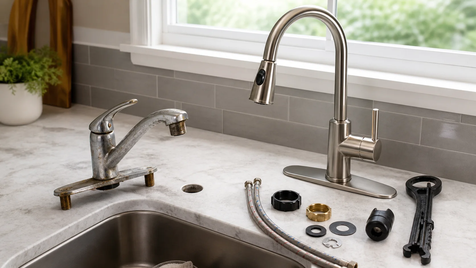 Kitchen faucet replacement budget worksheet beside sink connections