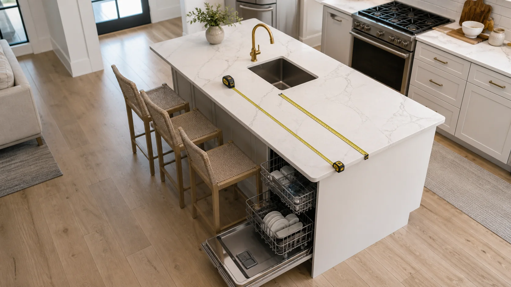 Overhead kitchen island plan showing walkways seating and open appliance doors