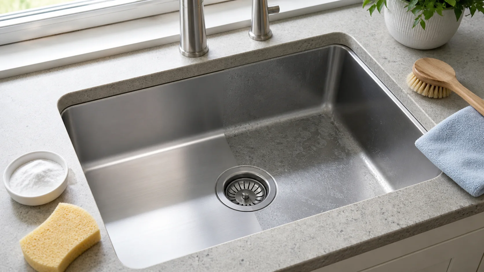Material-safe sink cleaning supplies arranged beside stainless fireclay composite cast iron and copper samples