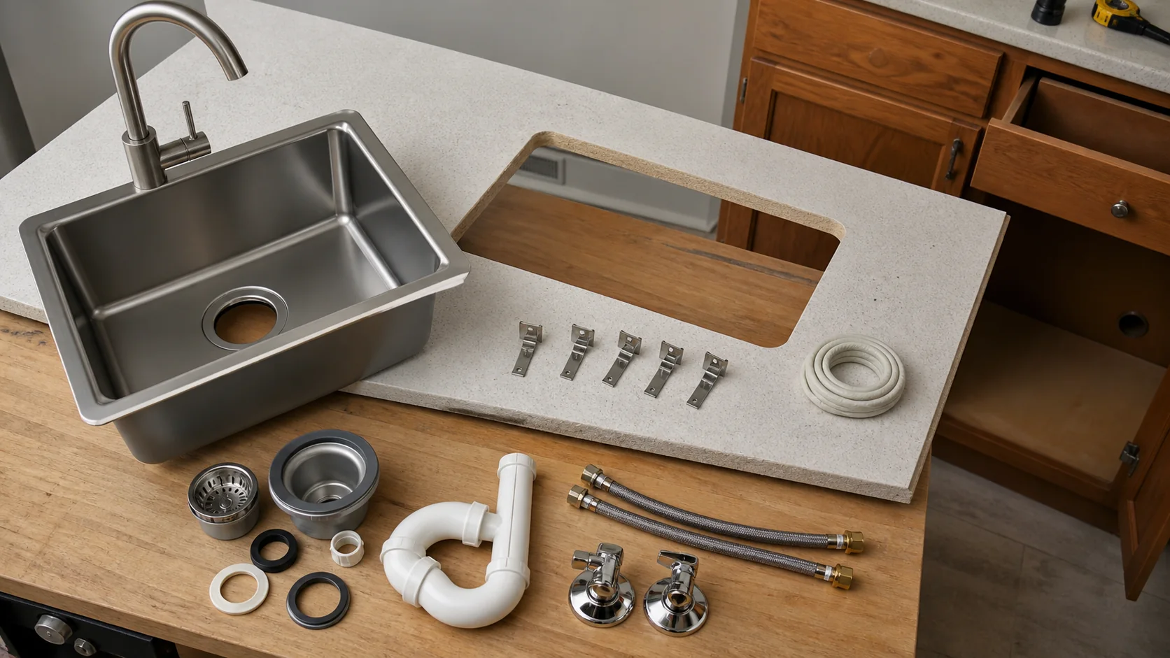 Kitchen sink cutout measurements and plumbing connections diagram