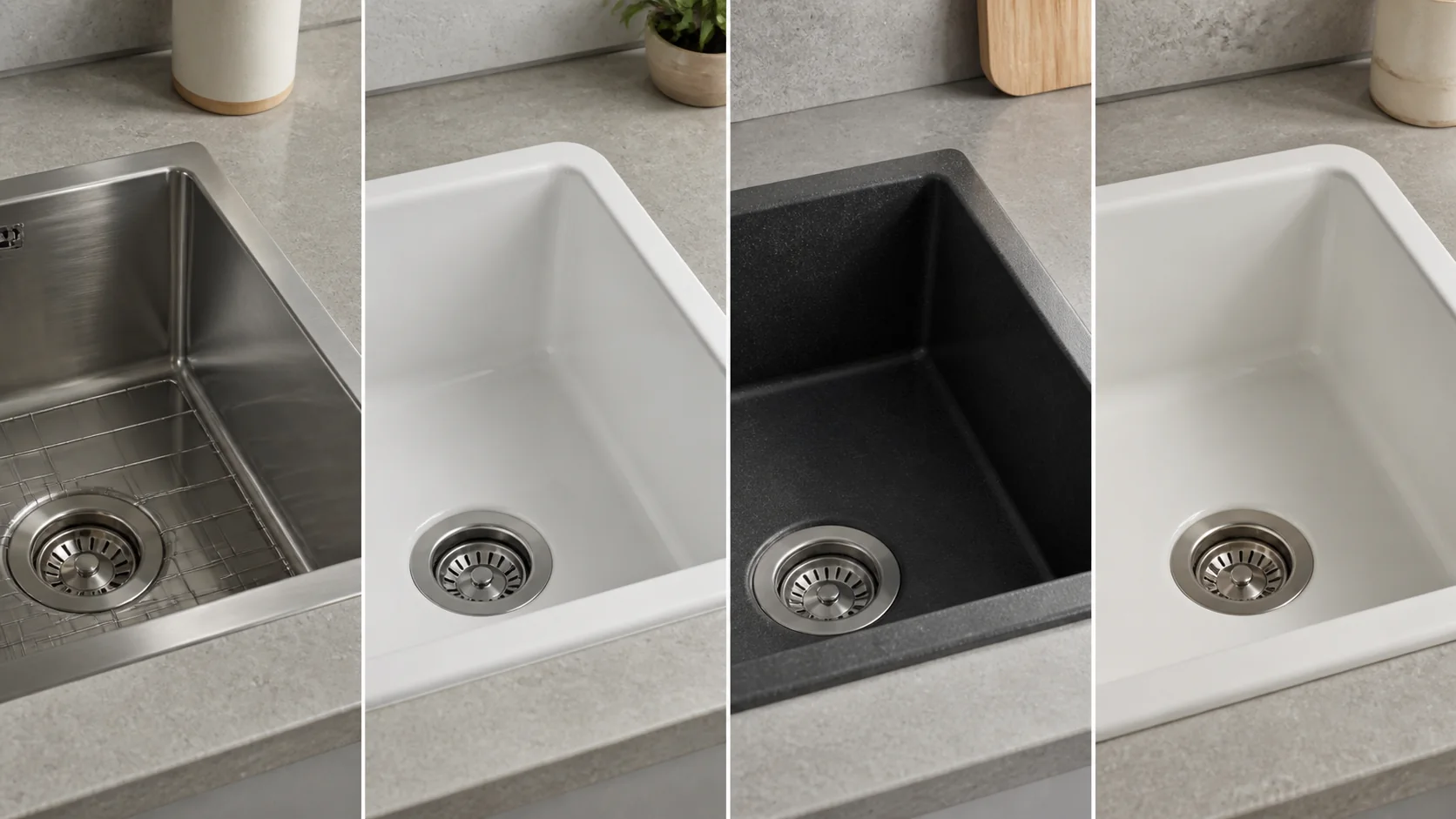Four kitchen sink material samples beside a neutral countertop