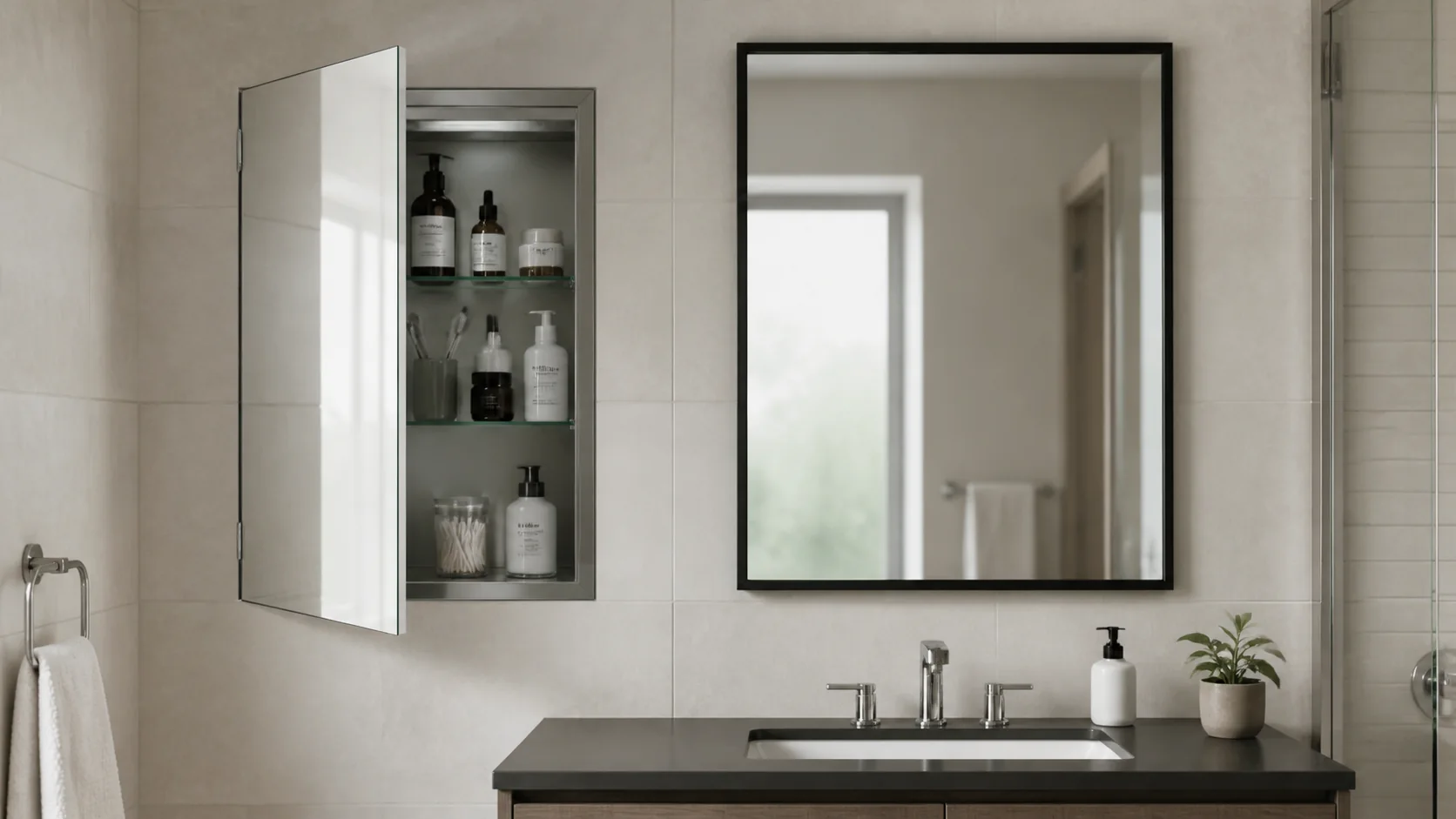 Recessed medicine cabinet and flat vanity mirror wall layouts compared