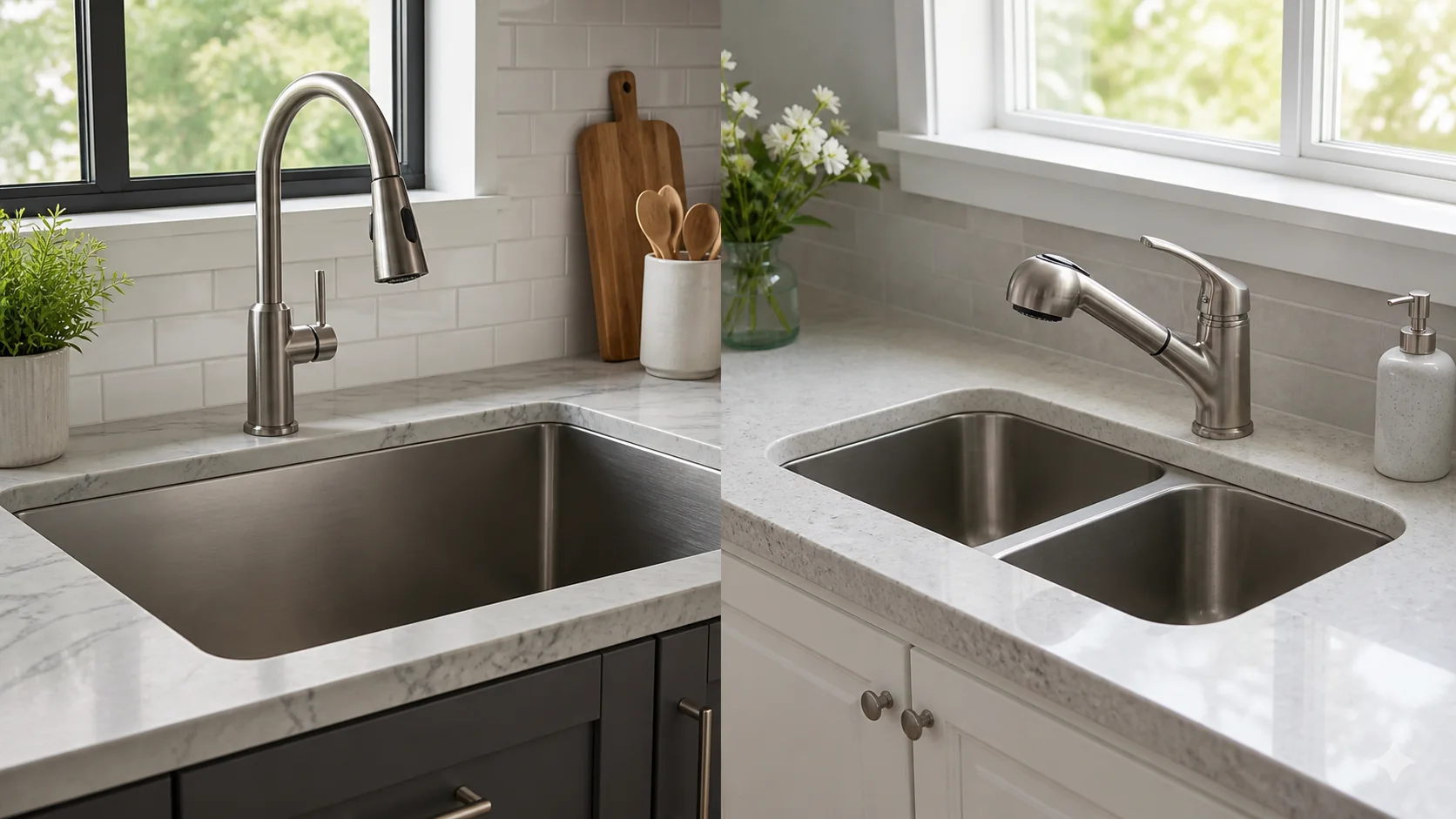 Pull-down and pull-out kitchen faucet spray heads shown beside sink layouts