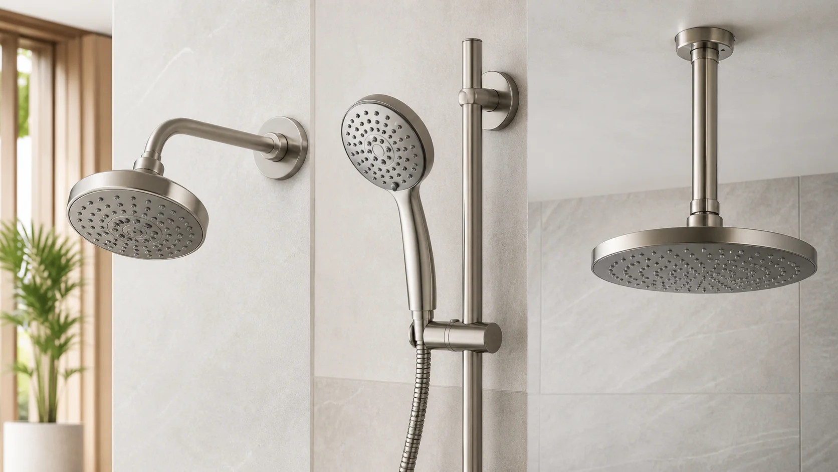 Shower head spray patterns and threaded connection illustrated in a bathroom