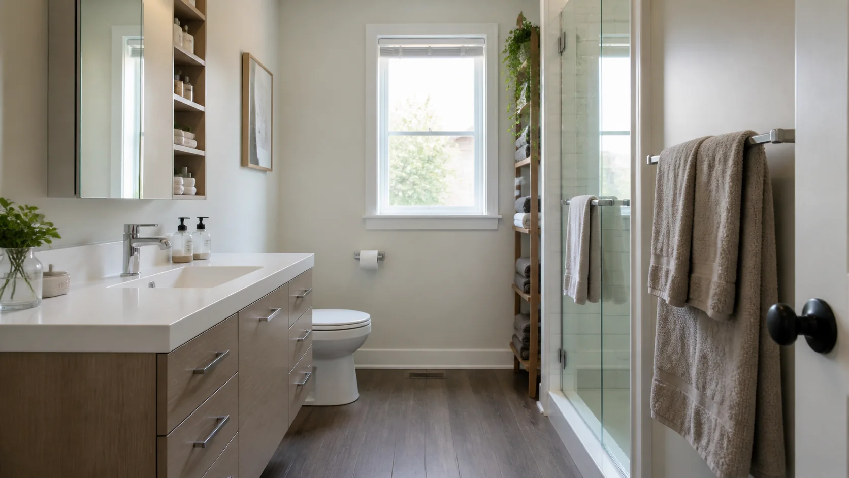 Layered small bathroom storage