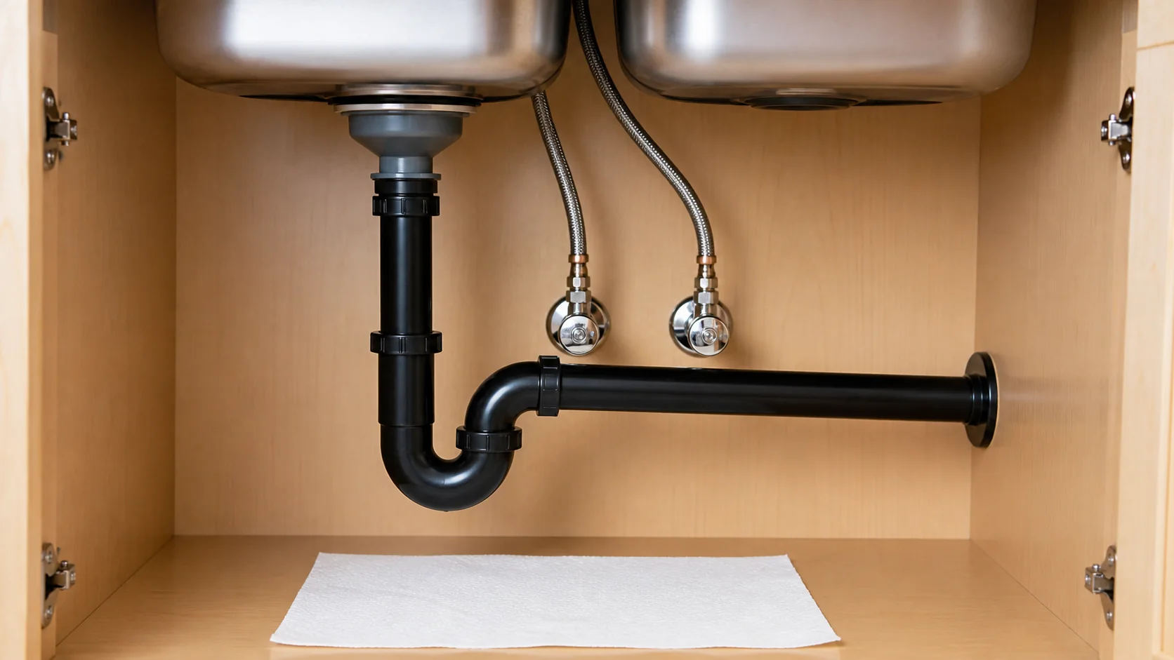 Labeled under-sink plumbing showing P-trap drain supply lines and shutoff valves