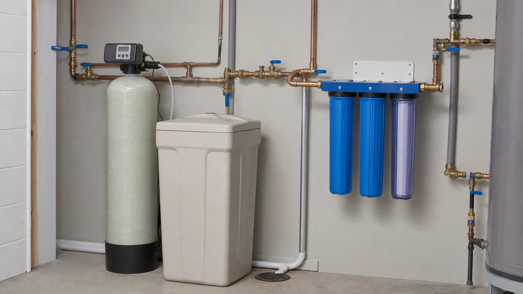 Home water treatment diagram comparing an ion-exchange softener and filtration stages